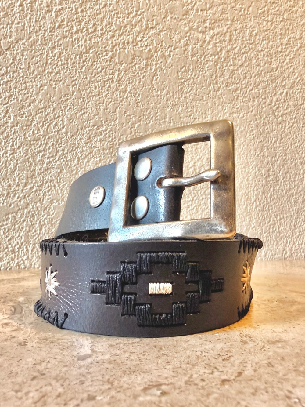 BED STU Black Leather Embroidered Belt
